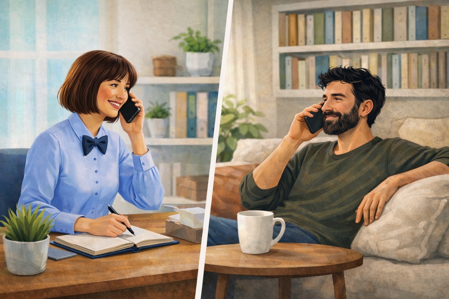 Illustrazione di una telefonata conoscitiva tra psicologa e paziente